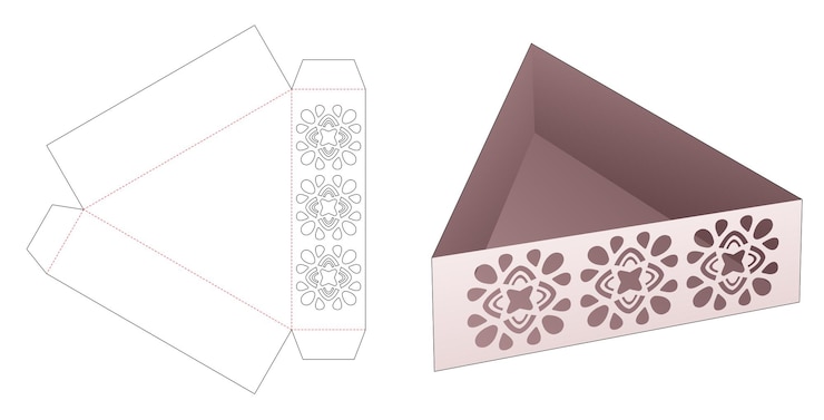 Vector bandeja de cartón de forma triangular con plantilla troquelada de mandala estarcida