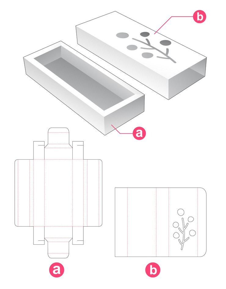 Vector bandeja de cartón y tapa con plantilla troquelada de patrón floral estarcido