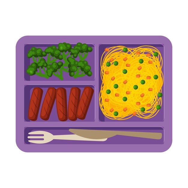 bandeja de comida llena de salchichas de pasta y brócoli comida saludable para niños y estudiantes vista desde arriba
