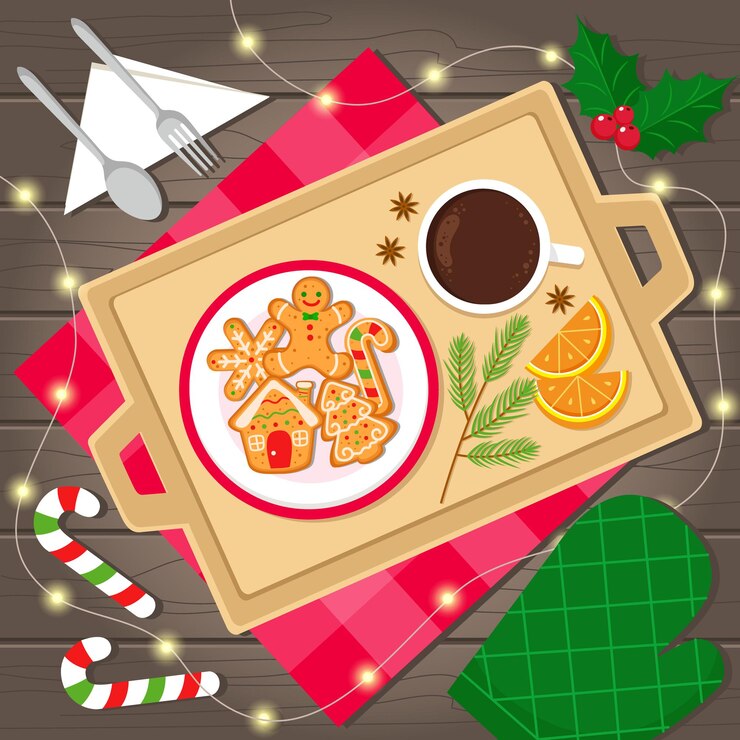 Vector una bandeja de comida con una taza de café y un plato de galletas en ella