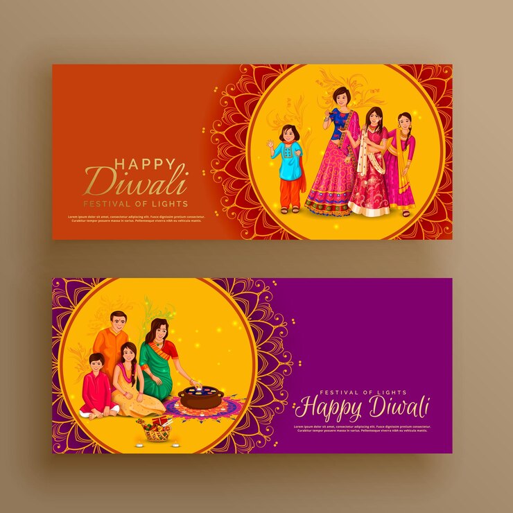 Bandeja de deseos de feliz Diwali con miembros de la familia celebrando el festival de Diwali en formato vectorial