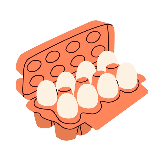 bandeja de huevos abierta huevos de pollo en caja de cartón en ilustración vectorial de diseño plano sobre fondo blanco
