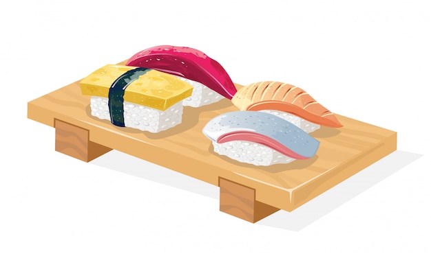 Bandeja de madera geta servida con maguro, saba, tamago y sushi hirame.