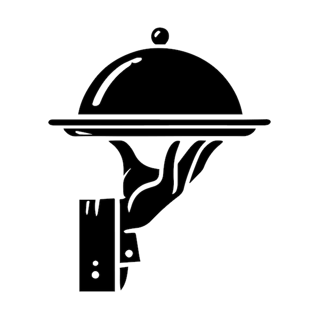 Bandeja de mano con tapa Camarero sirviendo comida Menú del restaurante boceto ilustración vectorial vintage