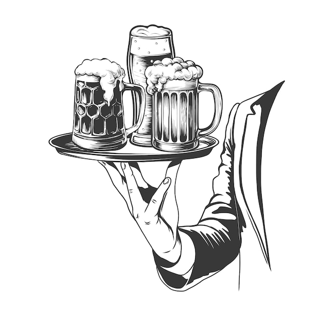 bandeja de mano con vaso de cerveza estilo grabado ilustración vectorial dibujada a mano para el menú del pub bar