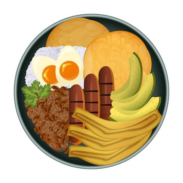 Vector bandeja paisa plato colombiano tradicional vista superior comida latinoamericana ilustración vectorial