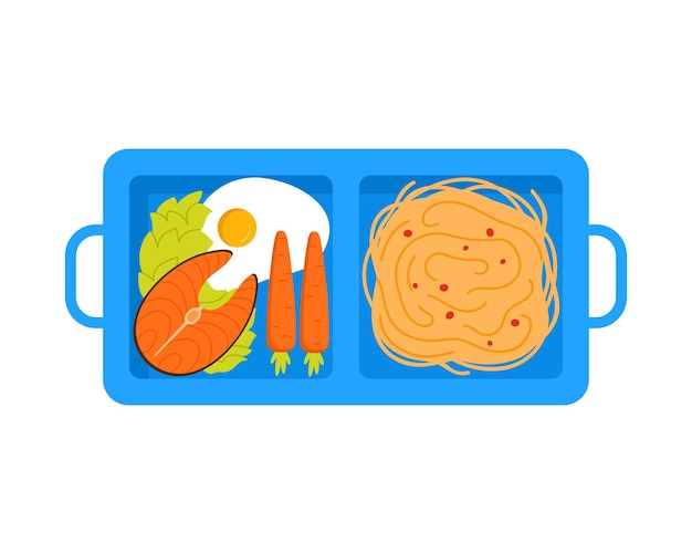 bandeja de plástico azul con manijas pasta y filete de salmón vista superior de la comida de almuerzo en la caja