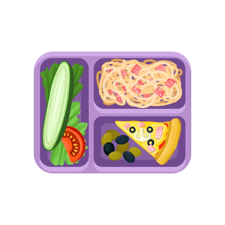 Vector bandeja de plástico púrpura con comida sabrosa fideos de verduras frescas con aceitunas de tocino y rebanada de pizza almuerzo apetitoso icono de vector plano