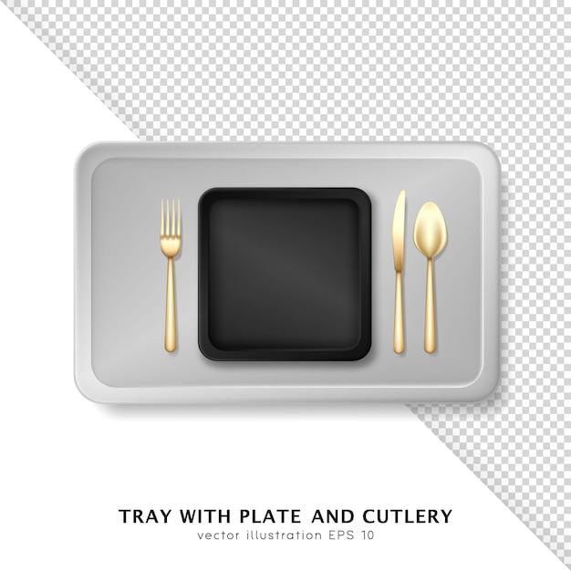 Bandeja de plata 3d con plato rectangular negro y cubiertos dorados. plantilla realista de plato para servir