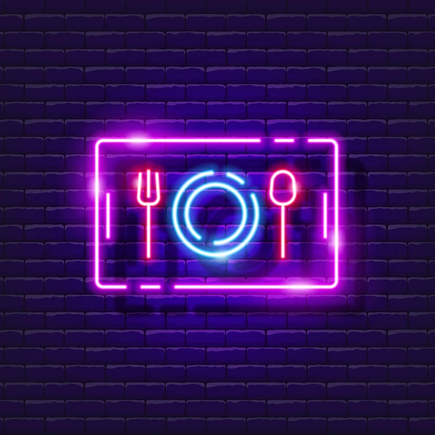 Bandeja con plato y cubiertos letrero de neón Comida en la cafetería de la escuela icono brillante Ilustración vectorial para el diseño Concepto de comida rápida