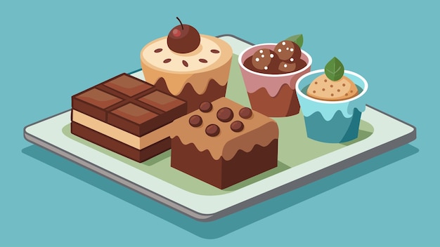 Vector una bandeja de postres indulgentes que incluye brownies pegajosos galletas de chocolate masticables y mini