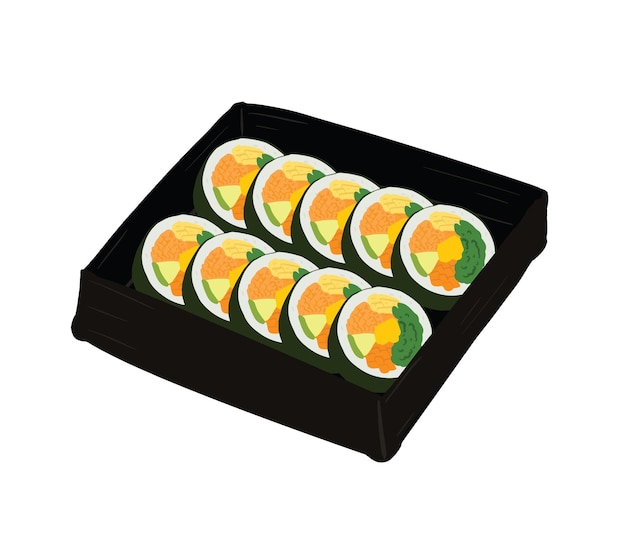 Vector una bandeja de sushi con rodajas de naranja