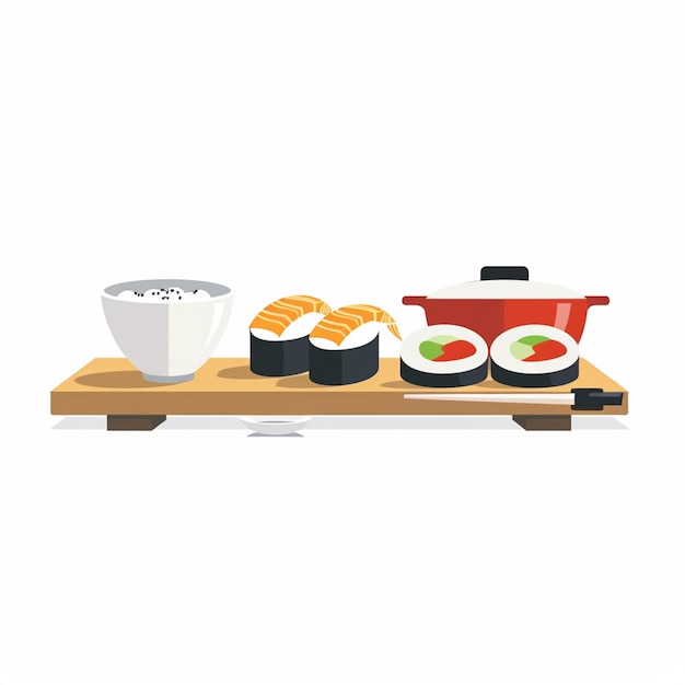 una bandeja de sushi y sushi en un fondo blanco