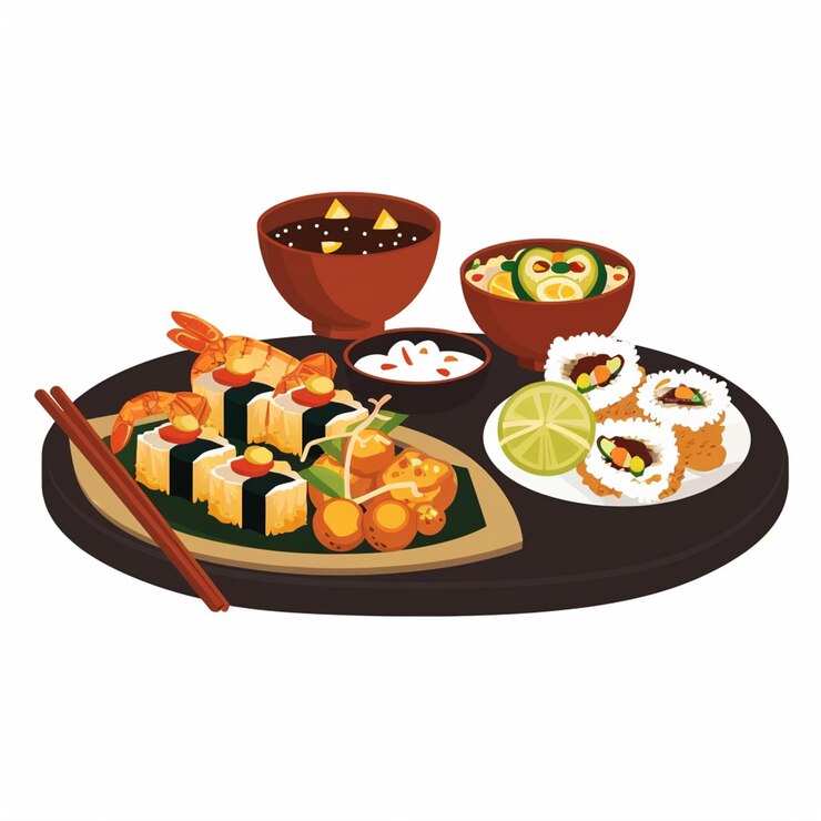 Vector una bandeja de sushi y sushi con un tazón de sushi en él