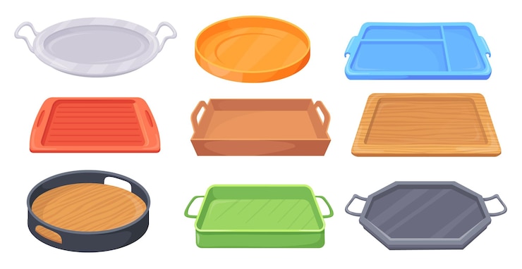 Vector bandejas de comida vacías bandeja de dibujos animados plato de comida servicio de cafetería madera plástico metal cocina círculo plato cuadrado cantina desayuno o restaurante plato aislado vector limpio ilustración