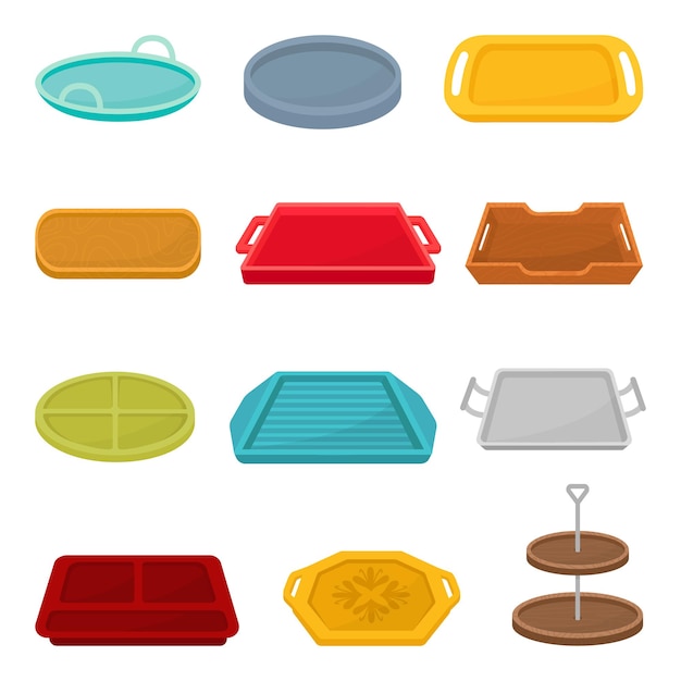bandejas de dibujos animados equipos de bandejas de comidas vacías aisladas para cafetería o restaurante de cocina de plástico y metal de madera elementos vectoriales neotéricos