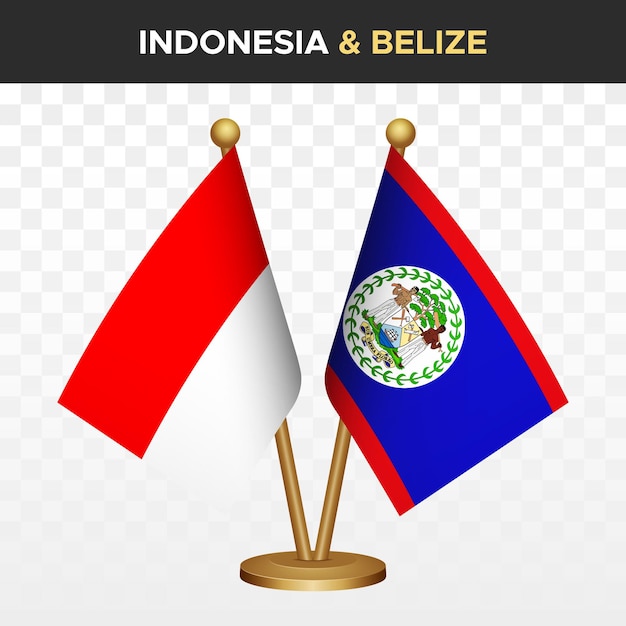 Bandejas de Indonesia vs. Belice en 3D con la bandera de Indonesia en el escritorio de pie