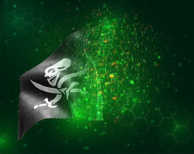 Bandera 3d de vector de calavera pirata sobre fondo verde con polígonos y números de datos