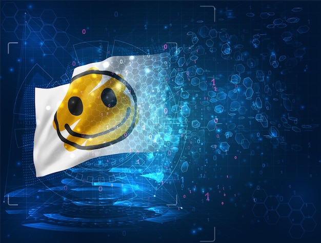 Bandera 3d de vector de sonrisa amarilla alegre sobre fondo azul con interfaces de hud