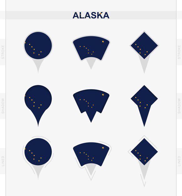 Bandera de Alaska conjunto de iconos de pin de ubicación de la bandera de Alaska