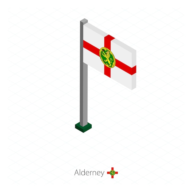 Bandera de Alderney en asta de bandera en dimensión isométrica Fondo azul isométrico Ilustración vectorial