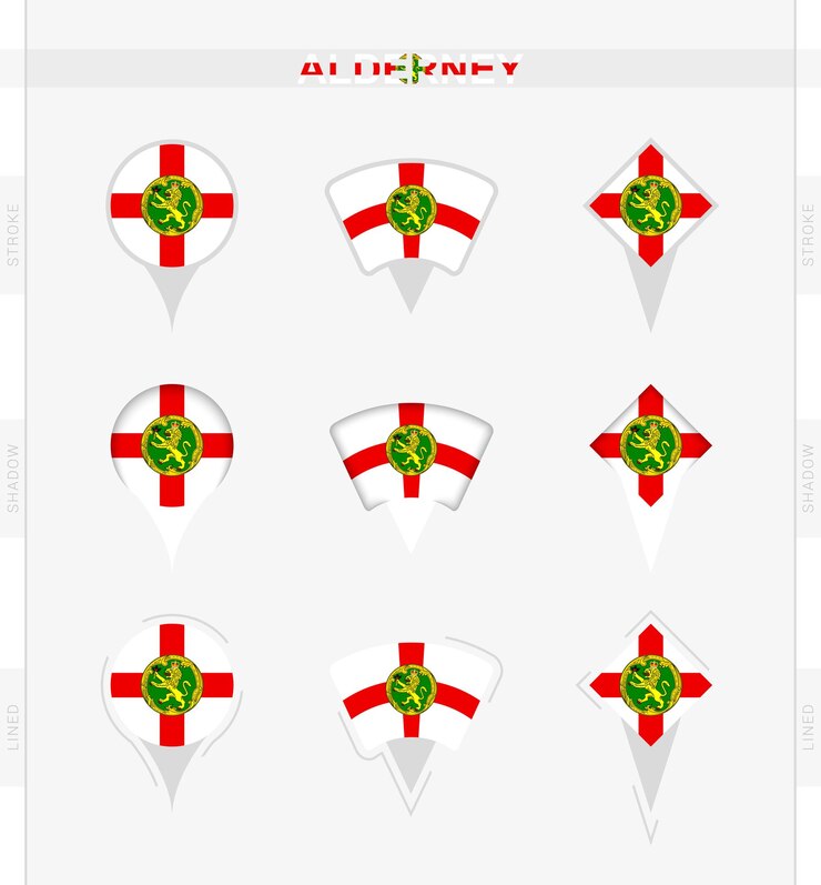 Vector bandera de alderney conjunto de iconos de pin de ubicación de la bandera de alderney