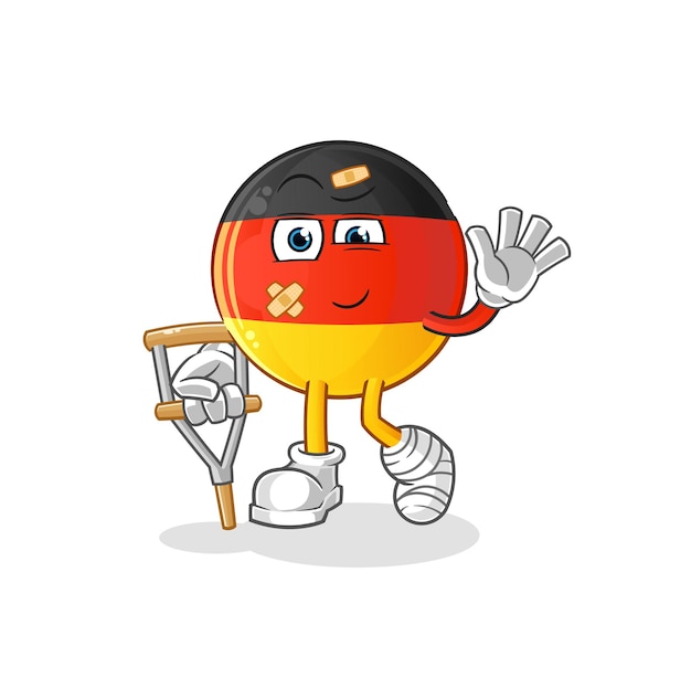Bandera alemana enferma con palo cojeando. vector de mascota de dibujos animados