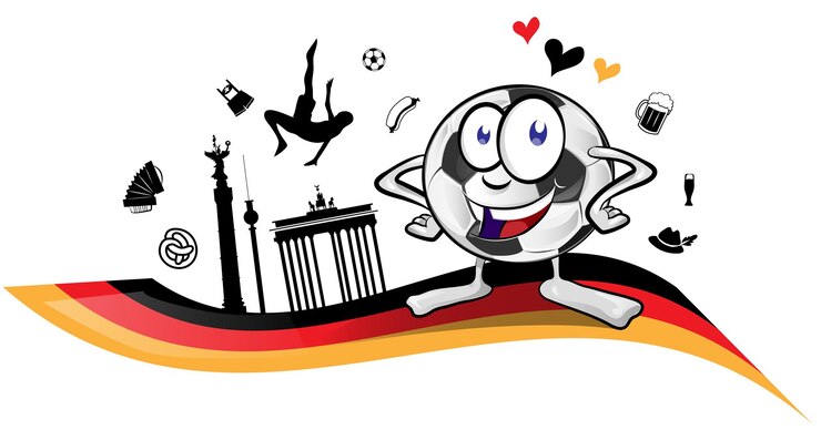 Bandera de Alemania con la mascota de la pelota de fútbol dibujos animados y símbolos ilustración vectorial