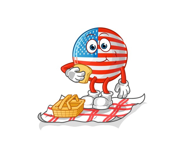 Bandera americana en una caricatura de picnic. vector de mascota de dibujos animados