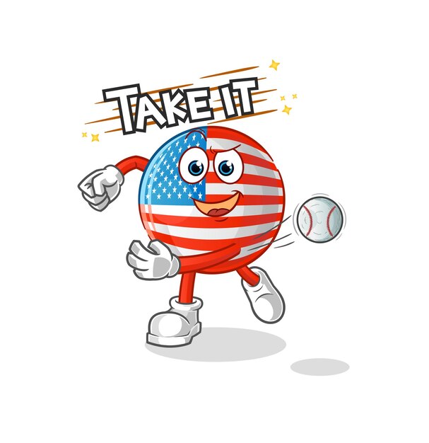 Bandera americana lanzando vector de béisbol. personaje animado