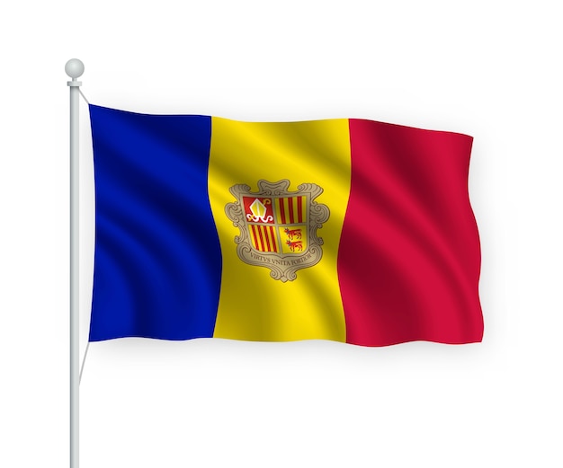 Bandera de Andorra en el asta de la bandera aislado en blanco