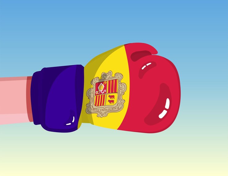 Vector bandera de andorra en guante de boxeo enfrentamiento entre países con poder competitivo