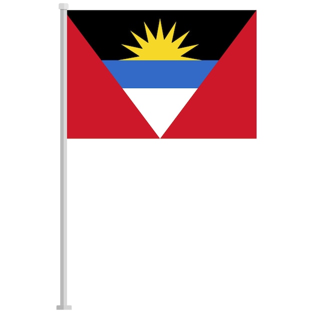 Bandera de Antigua y Barbuda con un ícono plano de poste plateado aislado sobre un fondo blanco