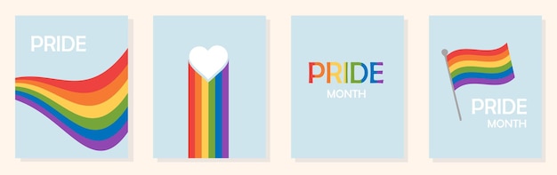 Bandera del arco iris LGBT Pride Month vector conjunto de tarjetas con corazón