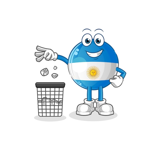 Bandera de argentina lanza la mascota de la basura. vector de dibujos animados