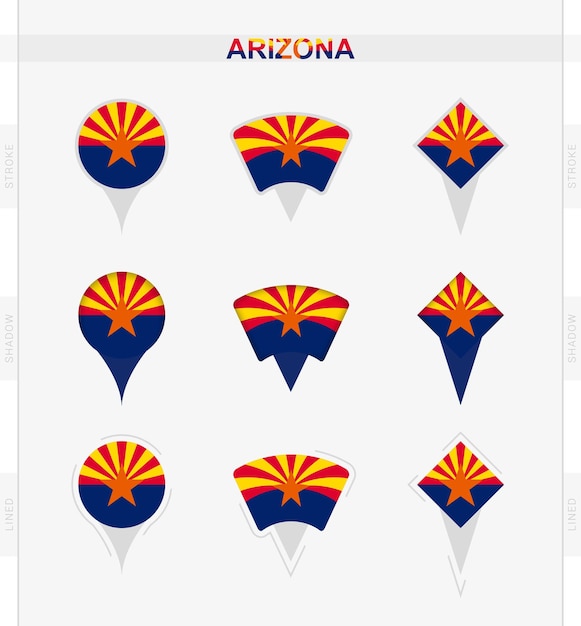 Bandera de Arizona conjunto de iconos de pin de ubicación de la bandera de Arizona