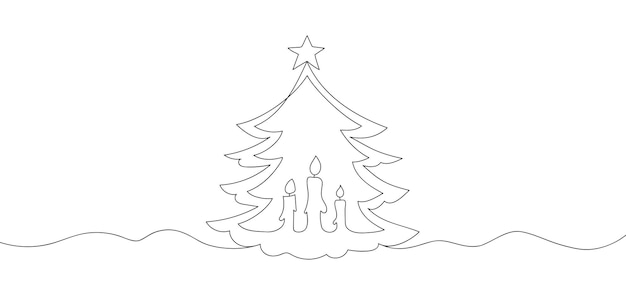 Vector bandera de arte de línea de navidad árbol de navidad con velas estilo de línea continua año nuevo y navidad