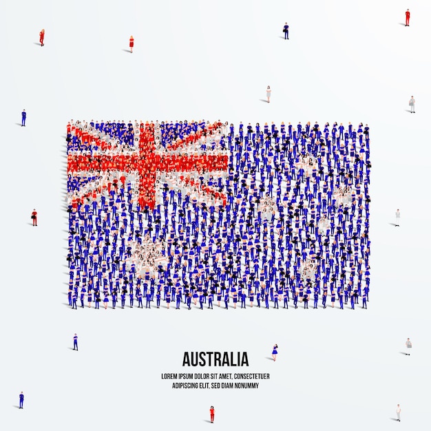 Bandera de Australia. Un gran grupo de personas se forman para crear la forma de la bandera australiana. Vector.