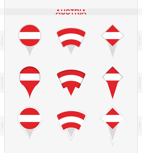 Bandera de austria conjunto de iconos de pin de ubicación de la bandera de austria