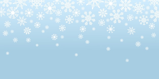 Bandera azul con copos de nieve abstractos que caen blancos
