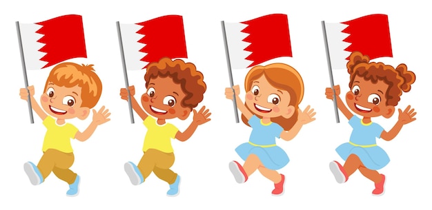 Bandera de Bahrein en mano. Niños sosteniendo la bandera. Bandera nacional de bahrein