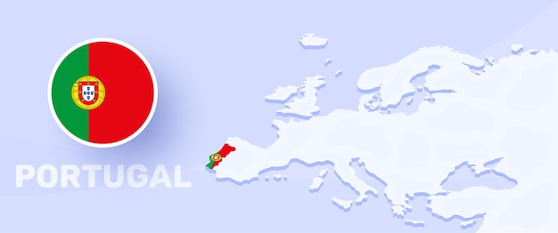 Bandera de la bandera del mapa de portugal. ilustración de vector con un mapa de europa y país resaltado con bandera nacional
