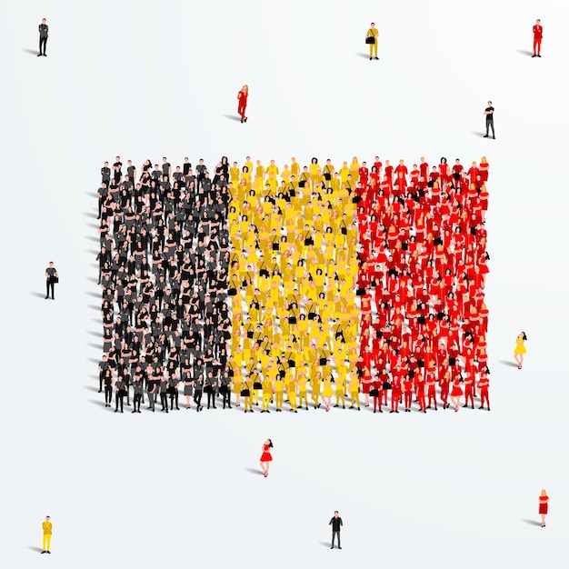 Bandera de Bélgica. Un gran grupo de personas se forman para crear la forma de la bandera de Bélgica. Ilustración vectorial.