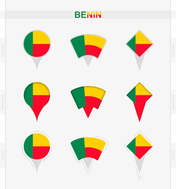 Bandera de Benin conjunto de iconos de pin de ubicación de la bandera de Benin