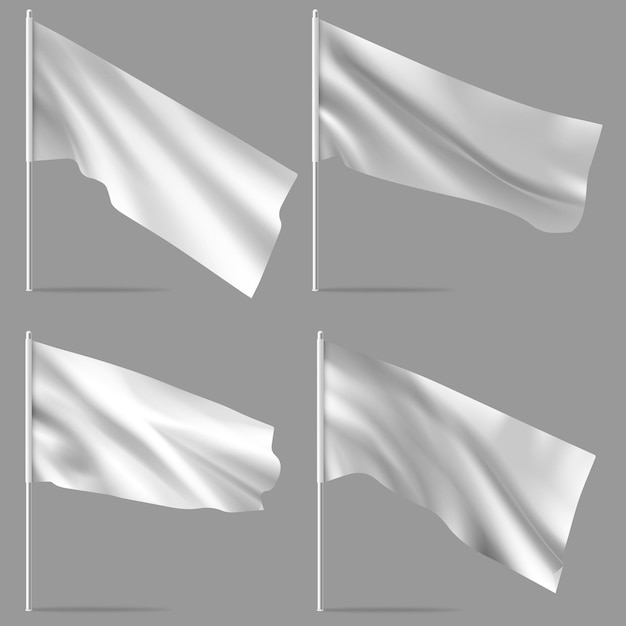 Bandera blanca en asta de bandera. Ondeando banderas en blanco en astas de bandera. Plantilla para el diseño de carteles. Conjunto de maquetas vectoriales.