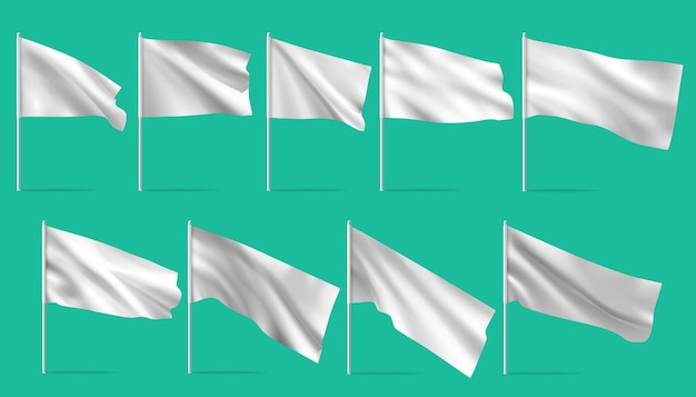 Bandera blanca en asta de bandera. Ondeando banderas en blanco en astas de bandera. Plantilla para el diseño de carteles. Conjunto de maquetas vectoriales.