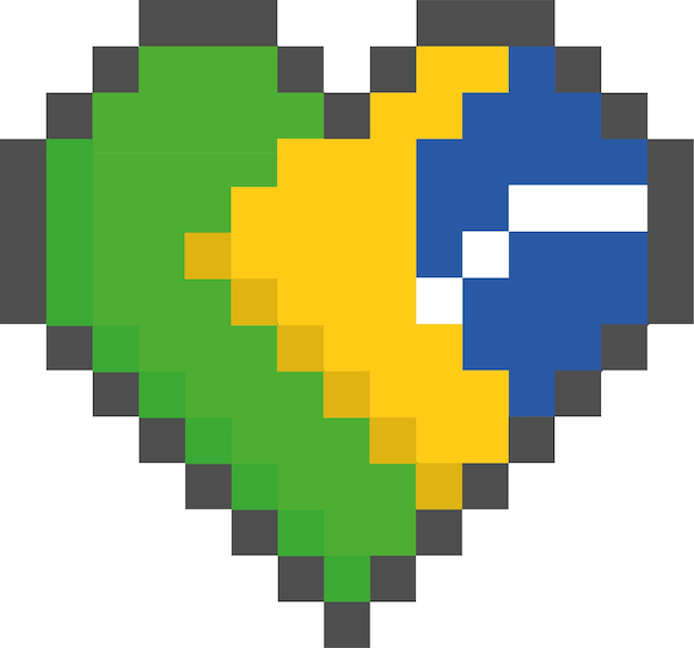 Vector bandera de brasil dentro del corazón en el estilo de pixel art