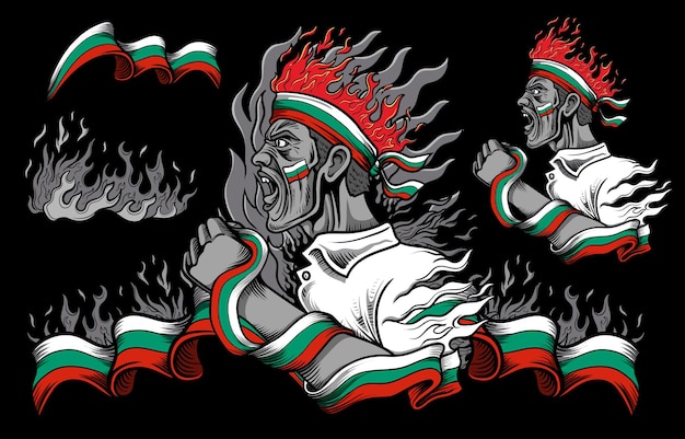 Bandera de bulgaria y elementos de fuego con gente gritando