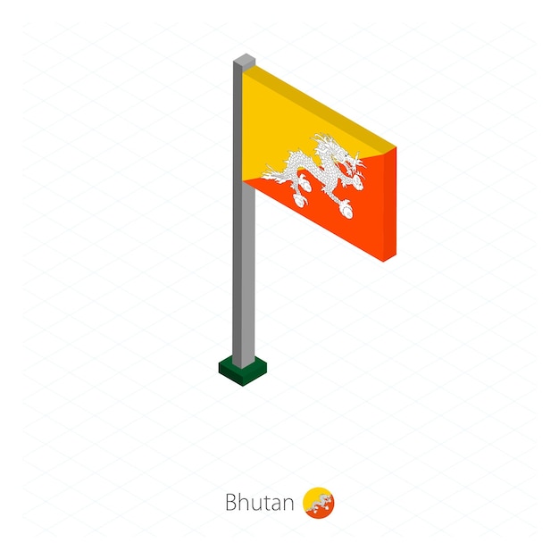 Bandera de Bután en asta de bandera en dimensión isométrica Fondo azul isométrico Ilustración vectorial