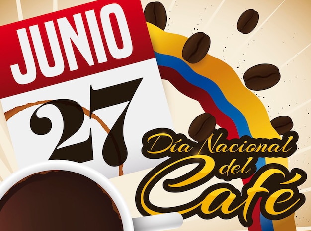 Bandera con calendario y taza de café para el Día Nacional del Café de Colombia